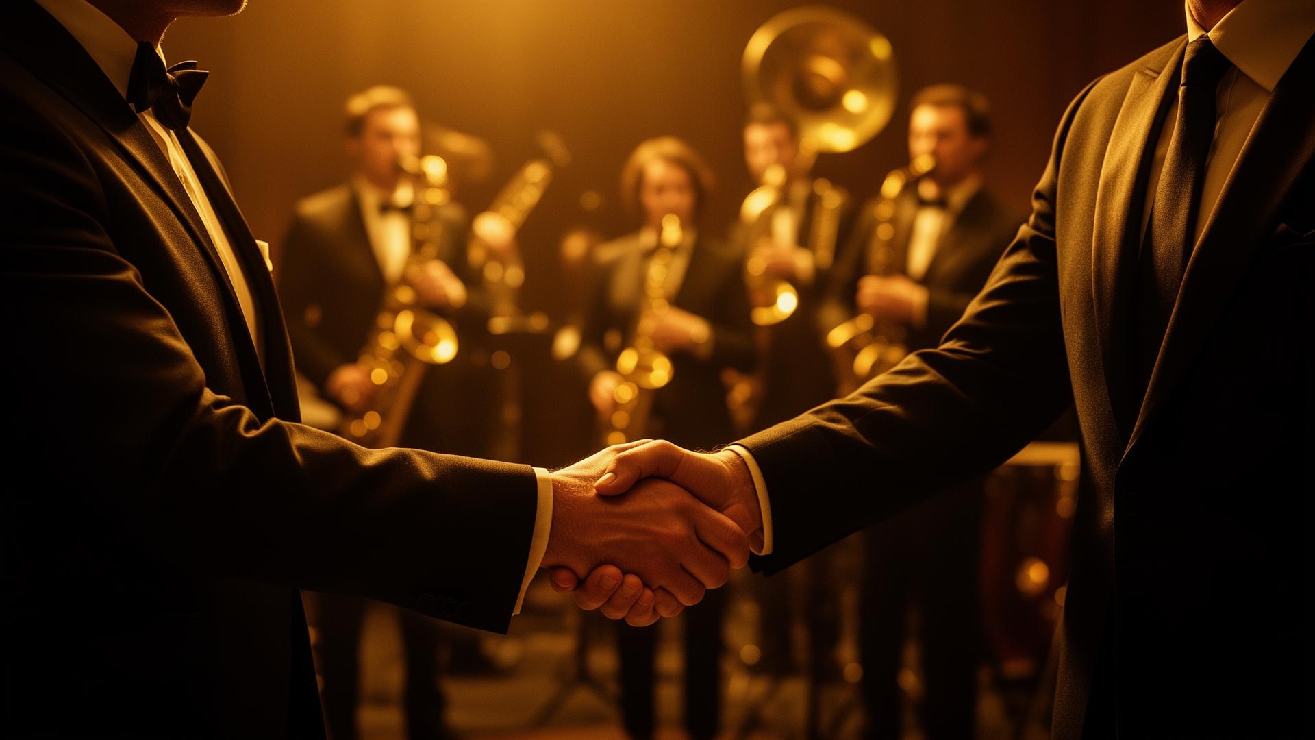 Stretta di mano elegante davanti a una jazz band