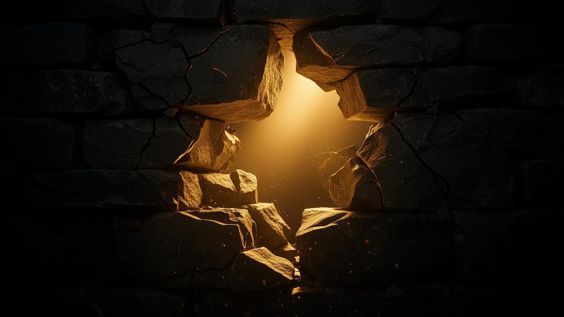 Muro di pietra spezzato con luce dorata
